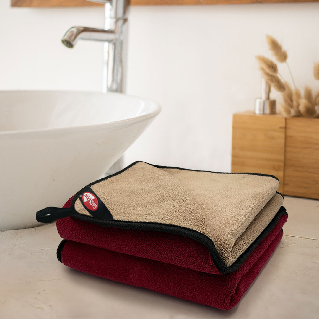 Red & Beige Color Reversible Microfiber towel with 650 GSM (100% Microfiber, Dual-sided towels, Super Absorbent, 650 GSM, Durable and long-lasting, Anti Shrink, Quick drying, High-end reversible, Fade and Lint resistance )