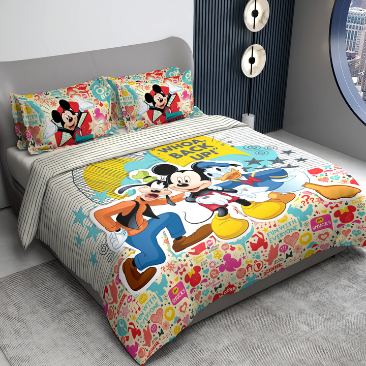 300 TC Disney Mickey Mouse Digital Printed Cotton Bedsheet for kids with 2 pillow covers ( Size : 2.74 m x 2.50 m ) 