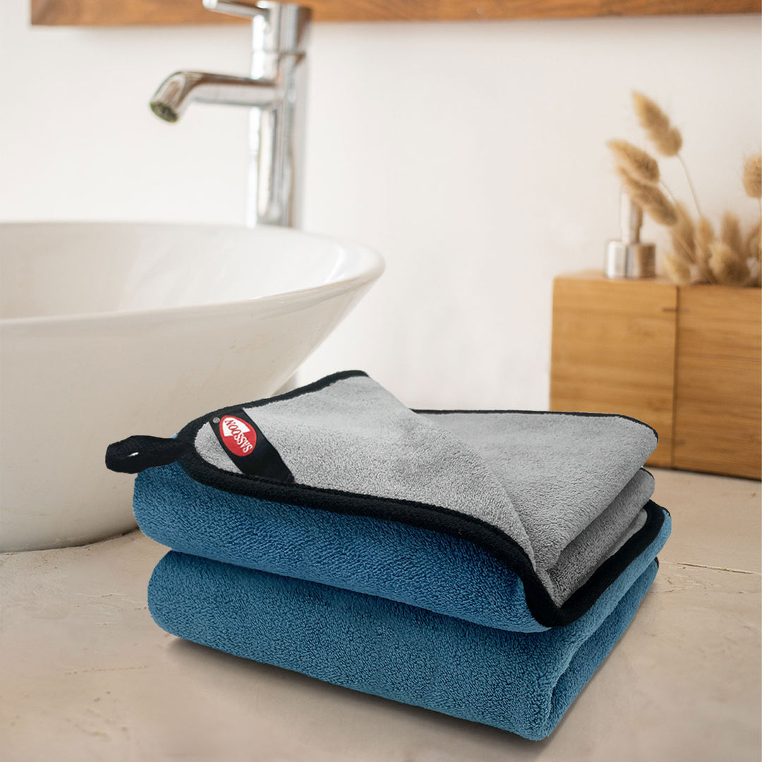 Blue & Grey Color Reversible Microfiber towel with 650 GSM (100% Microfiber, Dual-sided towels, Super Absorbent, 650 GSM, Durable and long-lasting, Anti Shrink, Quick drying, High-end reversible, Fade and Lint resistance )