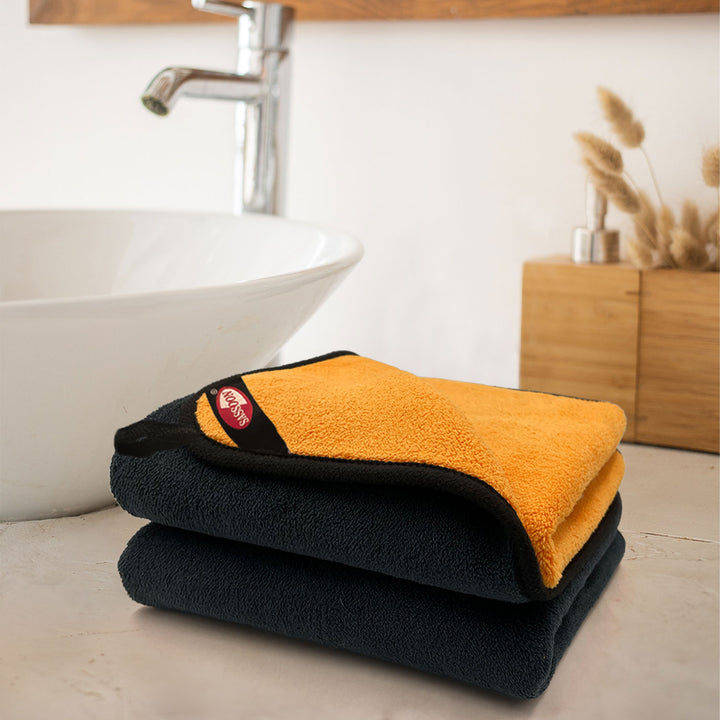 Black & Yellow Color Reversible Microfiber towel with 650 GSM (100% Microfiber, Dual-sided towels, Super Absorbent, 650 GSM, Durable and long-lasting, Anti Shrink, Quick drying, High-end reversible, Fade and Lint resistance )