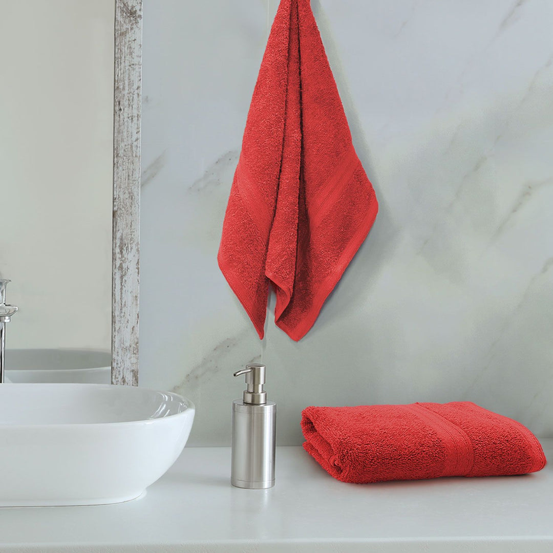 Red Color 100% Cotton Hand towel with 450 GSM (100% Cotton, 450 GSM, Luxuriously soft on skin, Quick drying, Rich aesthetic, Variety of Vibrant Color, Spa-like feel, Multi-purpose uses) 