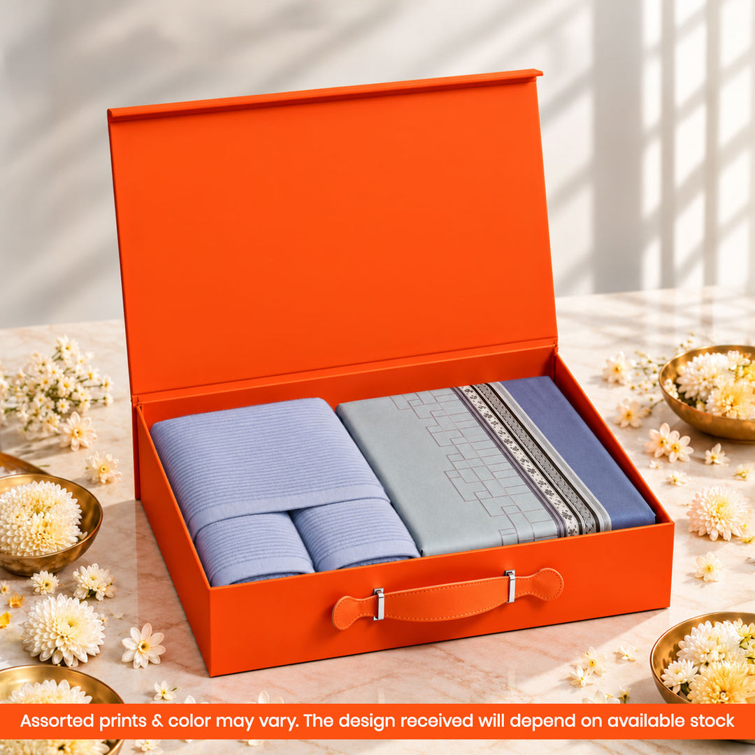 Festive Gift Box | 500 TC Bedsheet & Deslay Bamboo Towel Set | Assorted Colors