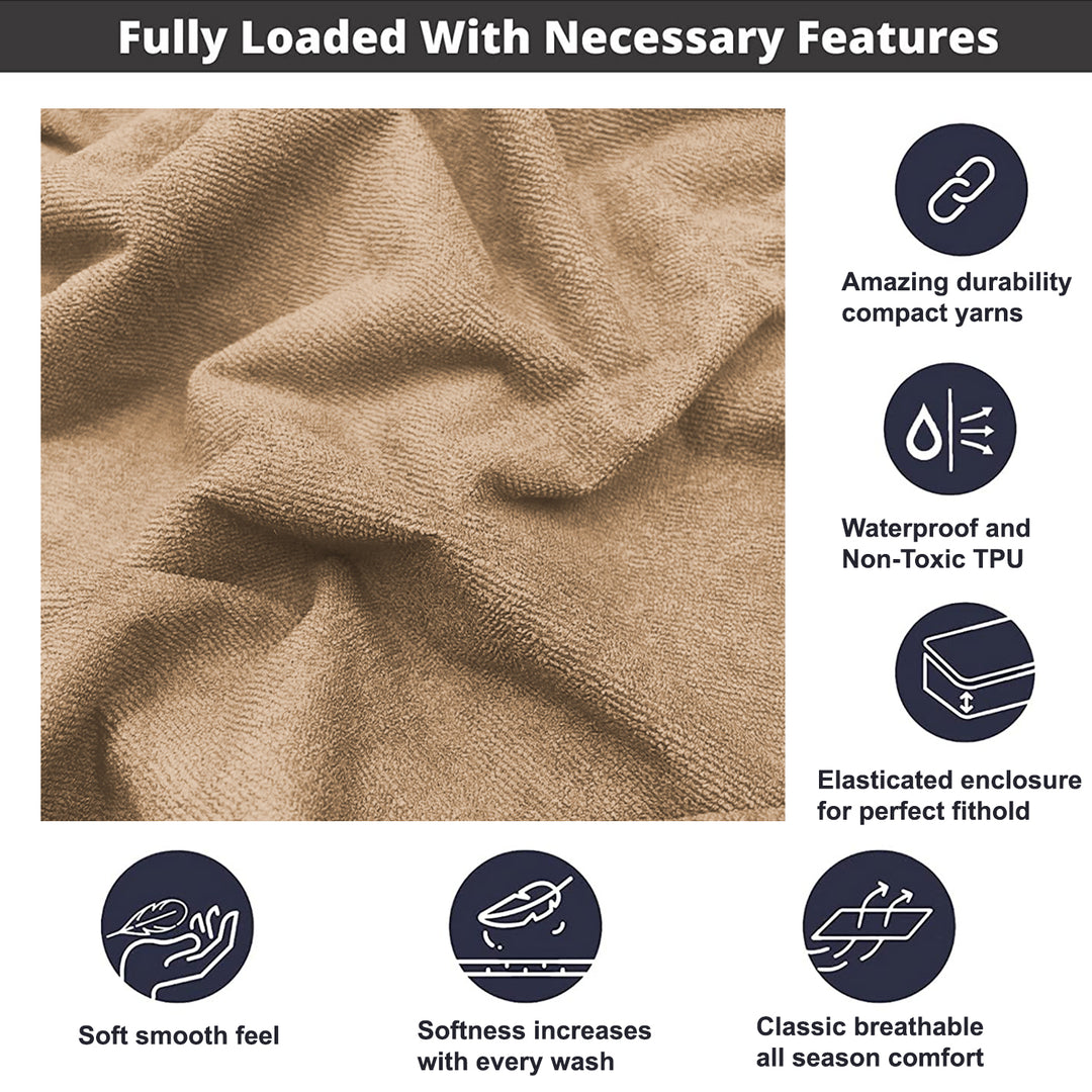 Beige Color Terry Cotton Mattress Protector (100% waterproof, Doesn't contain PVC, vinyl or phthalates, Absorbs all the natural moisture, Has TPU Film, Hypoallergenic and Antibacterial, Machine Washable, Fits mattresses up to 10 inches)