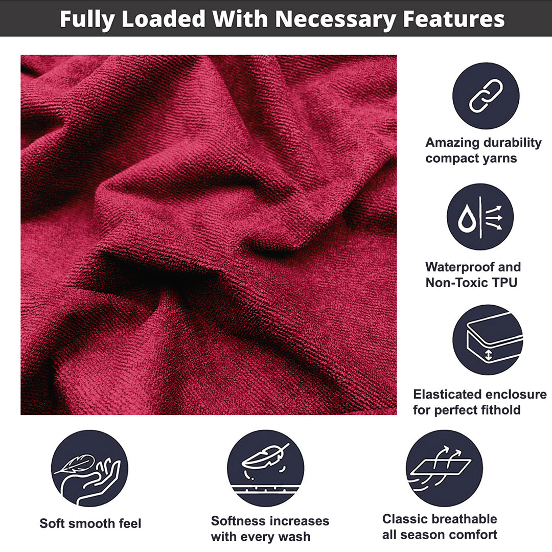 Red Color Terry Cotton Mattress Protector (100% waterproof, Doesn't contain PVC, vinyl or phthalates, Absorbs all the natural moisture, Has TPU Film, Hypoallergenic and Antibacterial, Machine Washable, Fits mattresses up to 10 inches)