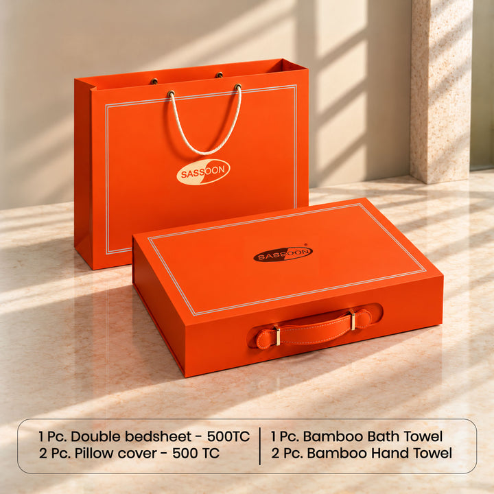 Festive Gift Box | 500 TC Bedsheet & Deslay Bamboo Towel Set | Assorted Colors