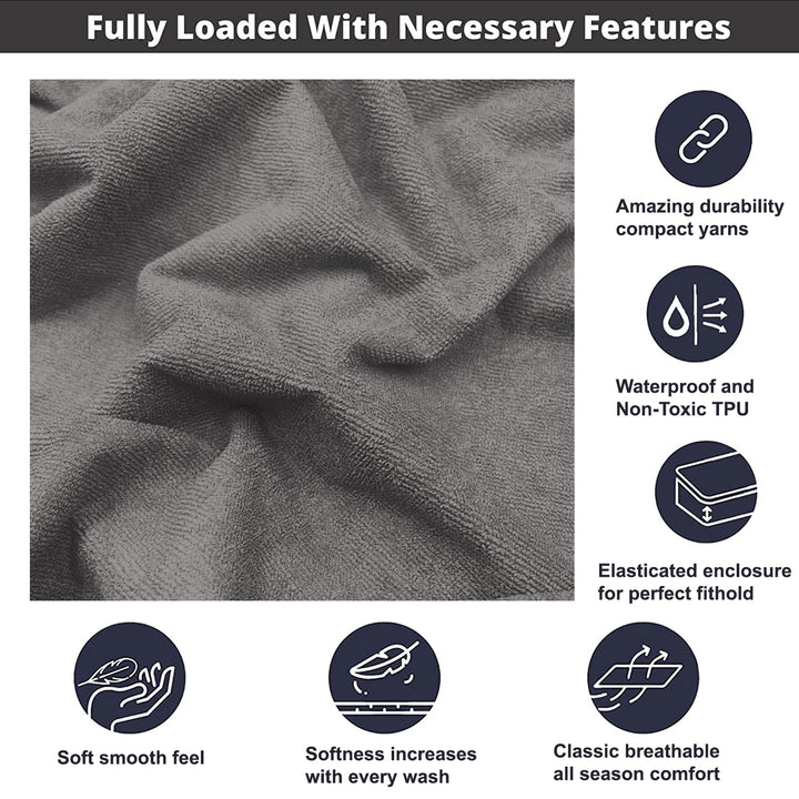 Grey Color Terry Cotton Mattress Protector (100% waterproof, Doesn't contain PVC, vinyl or phthalates, Absorbs all the natural moisture, Has TPU Film, Hypoallergenic and Antibacterial, Machine Washable, Fits mattresses up to 10 inches)