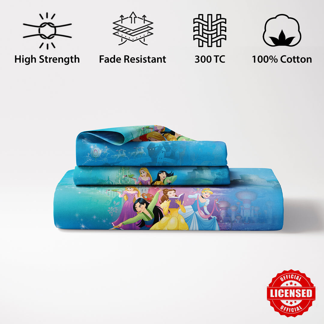 Disney Princess Digital Printed 300TC Cotton Bedsheet (Blue)