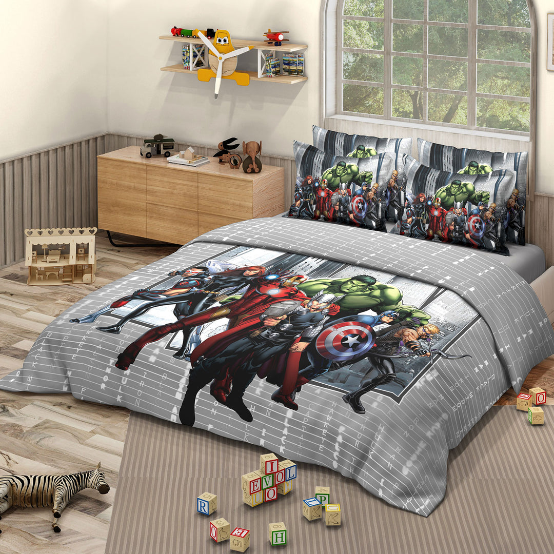 Marvel Avengers Digital Printed Cotton Bedsheet with 2 Pillow Covers in 300TC (Grey)