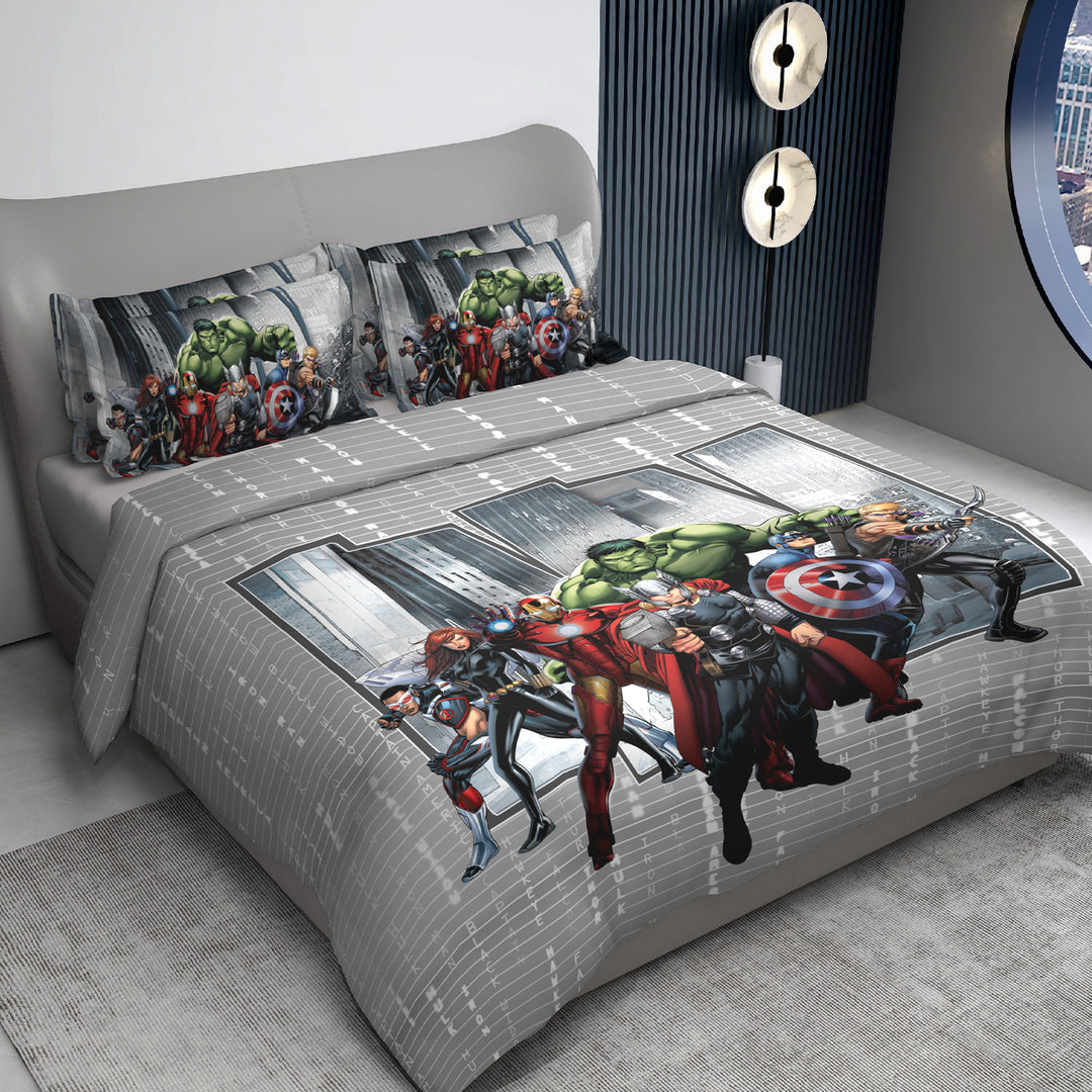 Marvel Avengers Digital Printed Cotton Bedsheet with 2 Pillow Covers in 300TC (Grey)