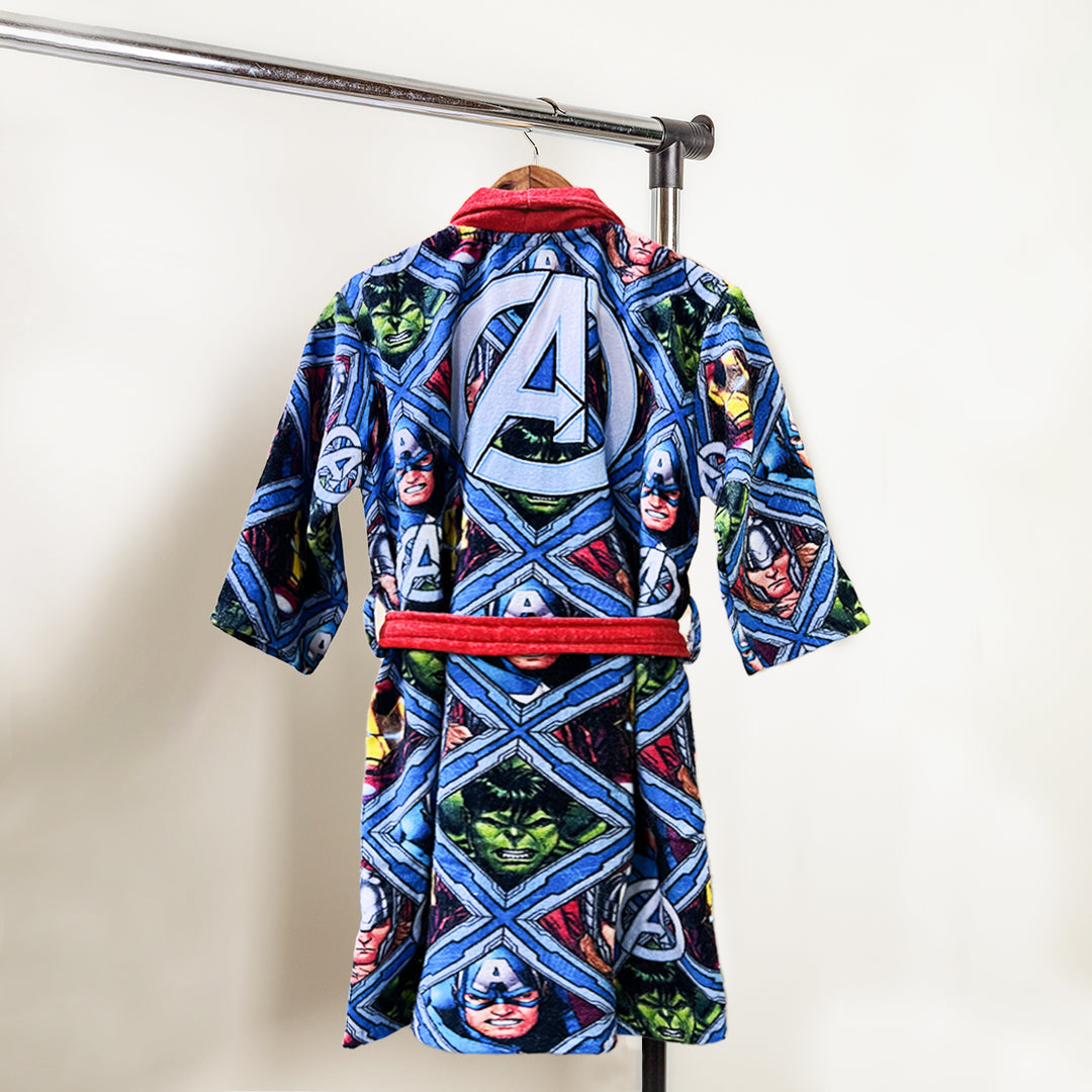 Avengers Digitally Printed Cotton Bathrobe For Kids with 360 GSM ( Quick Drying, Fade Resistant, 100% Cotton, Kimono Collar) 