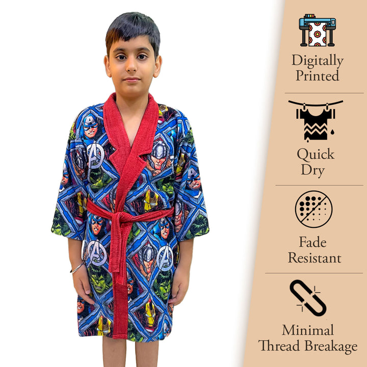 Avengers Digitally Printed Cotton Bathrobe For Kids with 360 GSM ( Quick Drying, Fade Resistant, 100% Cotton, Kimono Collar) 