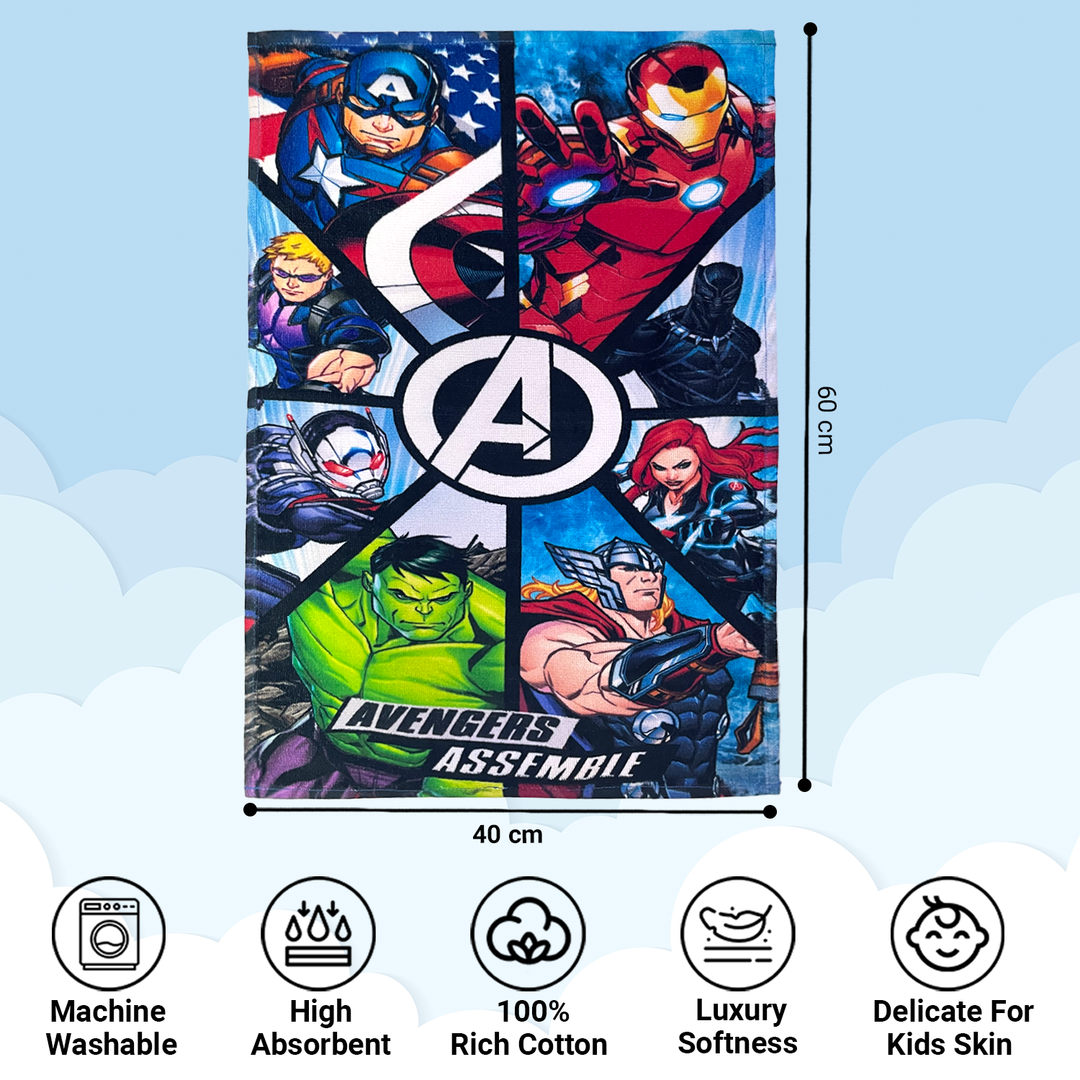 Avengers Cartoon Printed Hand Towels For Kids -40cmx60cm ( Machine Washable, Highly Absorbent, 100% Rich Cotton, Luxury Softness)