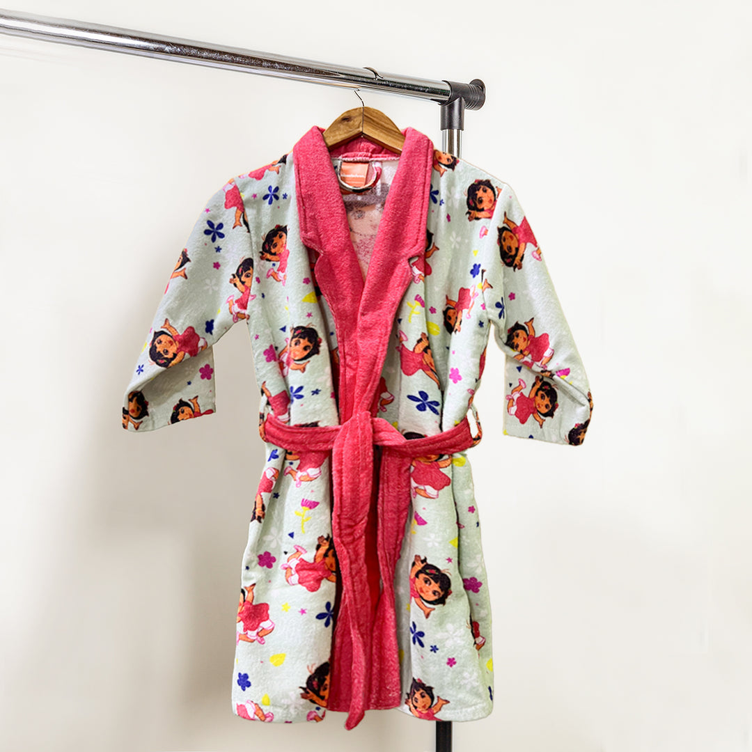 Dora Digitally Printed Cotton Bathrobe For Kids with 360 GSM ( Quick Drying, Fade Resistant, 100% Cotton, Kimono Collar) 