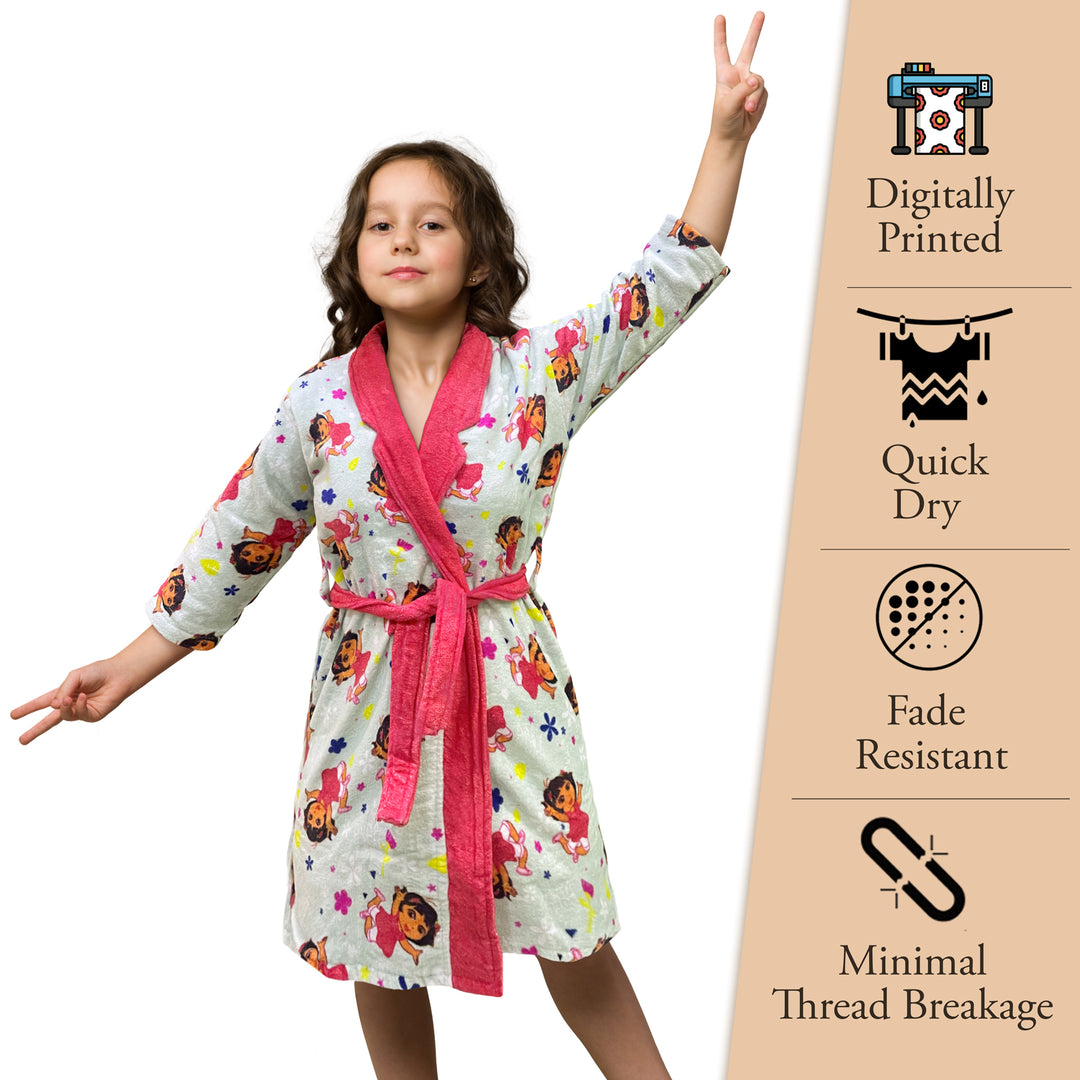 Dora Digitally Printed Cotton Bathrobe For Kids with 360 GSM ( Quick Drying, Fade Resistant, 100% Cotton, Kimono Collar) 