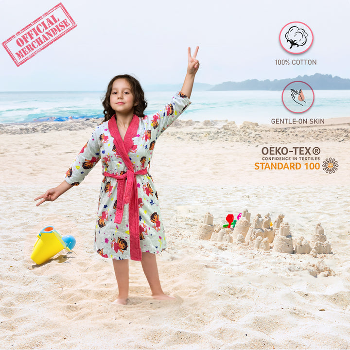 Dora Digitally Printed Cotton Bathrobe For Kids with 360 GSM ( Quick Drying, Fade Resistant, 100% Cotton, Kimono Collar) 