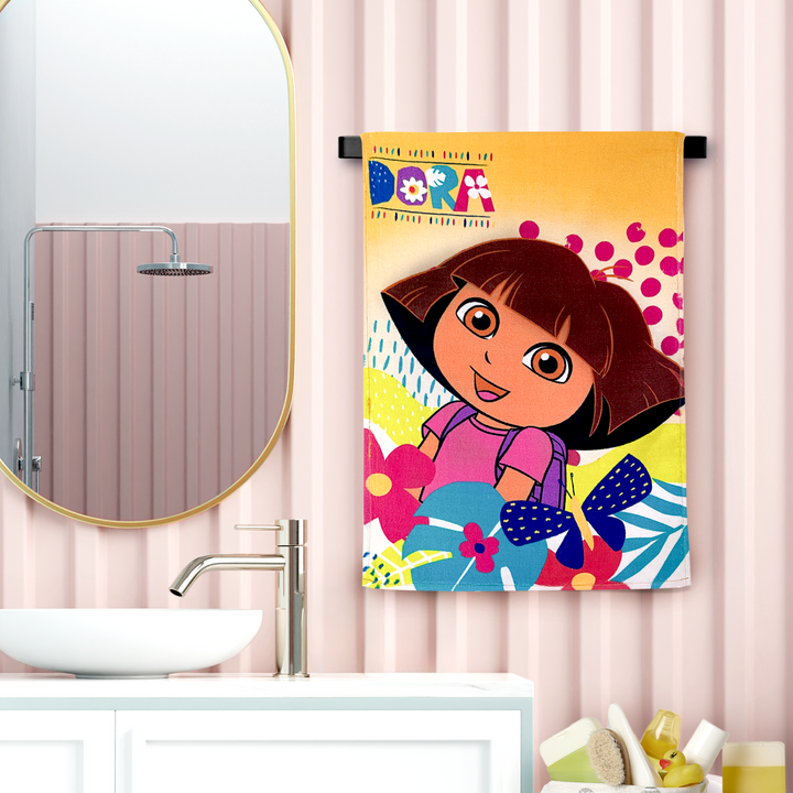 Dora Cartoon Printed Hand Towels For Kids -40cmx60cm ( Machine Washable, Highly Absorbent, 100% Rich Cotton, Luxury Softness)