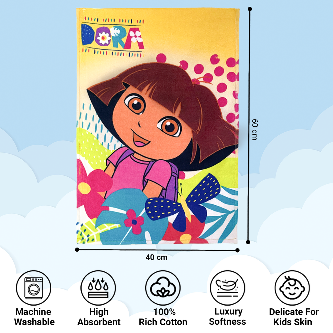 Dora Cartoon Printed Hand Towels For Kids -40cmx60cm ( Machine Washable, Highly Absorbent, 100% Rich Cotton, Luxury Softness)