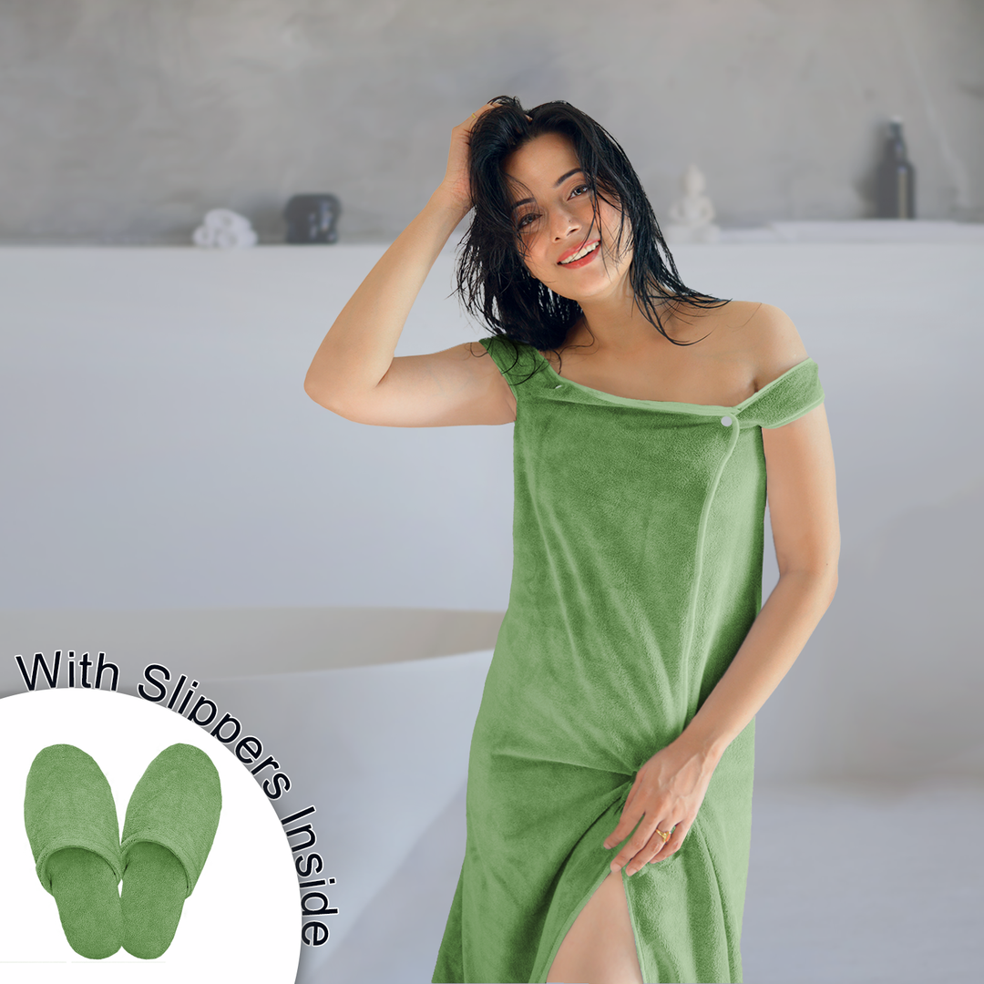 Green Color Supersoft Microfiber Bath Wrap with Slippers