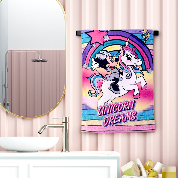 Disney Minnie & Unicorn Cartoon Printed Hand Towels For Kids -40cmx60cm ( Machine Washable, Highly Absorbent, 100% Rich Cotton, Luxury Softness)