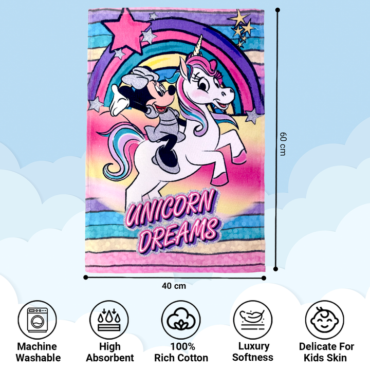 Disney Minnie & Unicorn Cartoon Printed Hand Towels For Kids -40cmx60cm ( Machine Washable, Highly Absorbent, 100% Rich Cotton, Luxury Softness)