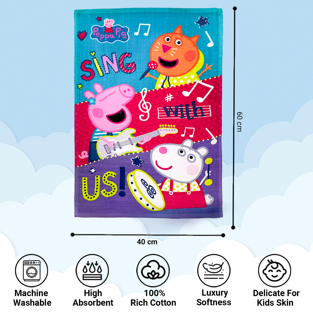 Peppa Pig Cartoon Printed Hand Towels For Kids -40cmx60cm ( Machine Washable, Highly Absorbent, 100% Rich Cotton, Luxury Softness)