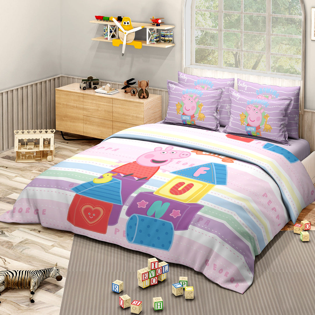 Peppa Pig Printed Cotton Bedsheet with 2 Pillow Covers in 300TC (Fun)