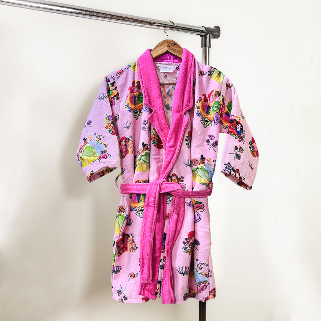 Disney Princess Digitally Printed Cotton Bathrobe For Kids with 360 GSM ( Quick Drying, Fade Resistant, 100% Cotton, Kimono Collar) 