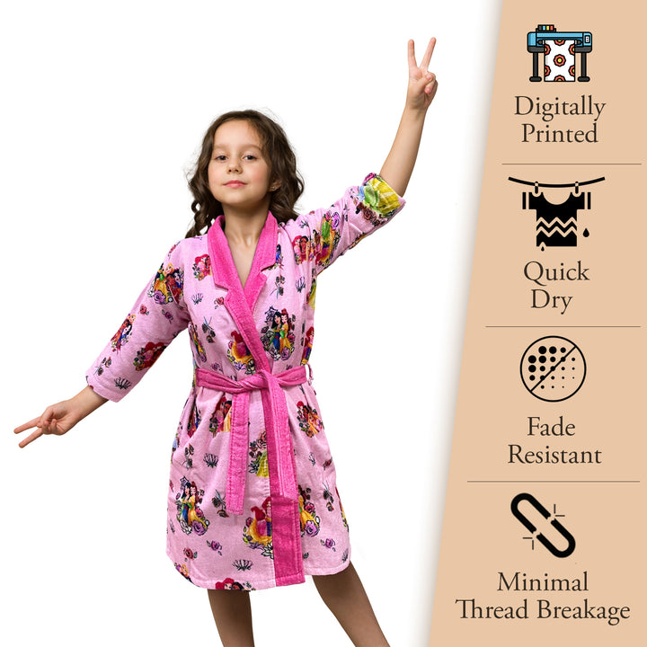 Disney Princess Digitally Printed Cotton Bathrobe For Kids with 360 GSM ( Quick Drying, Fade Resistant, 100% Cotton, Kimono Collar) 