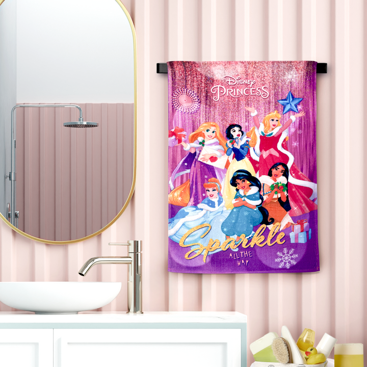 Disney Princess Cartoon Printed Hand Towels For Kids -40cmx60cm ( Machine Washable, Highly Absorbent, 100% Rich Cotton, Luxury Softness)