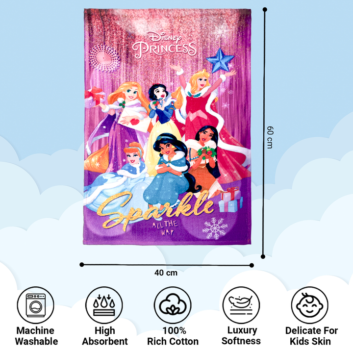 Disney Princess Cartoon Printed Hand Towels For Kids -40cmx60cm ( Machine Washable, Highly Absorbent, 100% Rich Cotton, Luxury Softness)