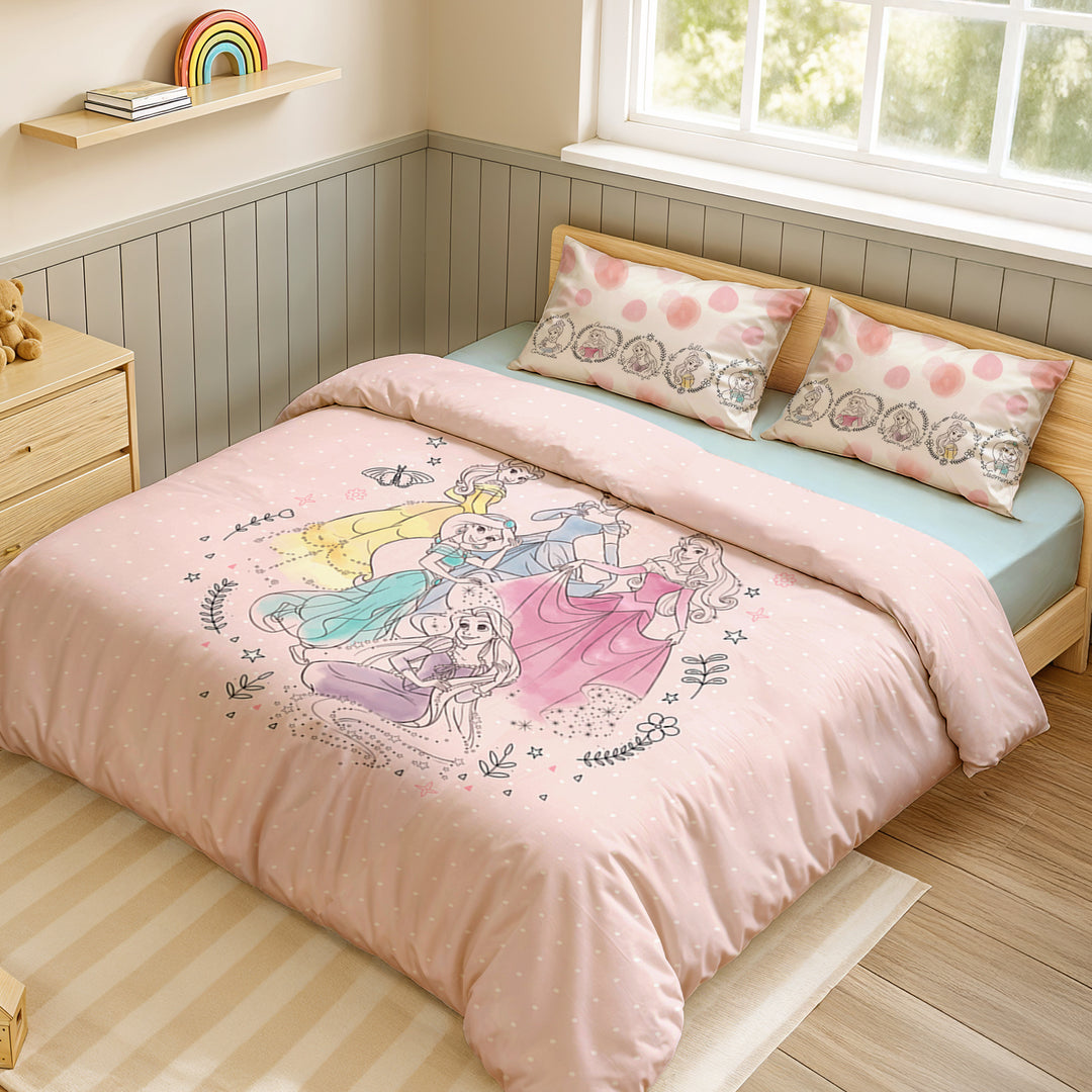 Disney Princess Digital Printed 300TC Cotton Bedsheet (Pink)