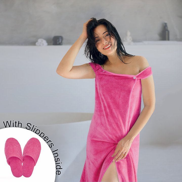 Pink Color Supersoft Microfiber Bath Wrap with Slippers