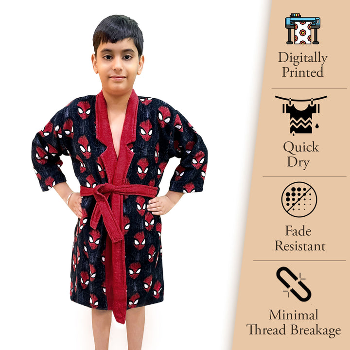 Spiderman Digitally Printed Cotton Bathrobe For Kids with 360 GSM ( Quick Drying, Fade Resistant, 100% Cotton, Kimono Collar) 