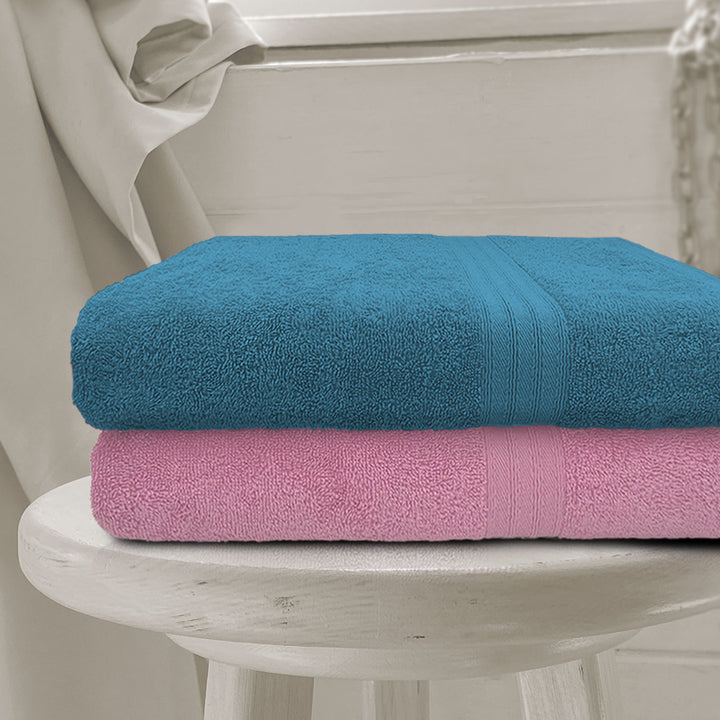 Blue and Pink Color  100% Cotton Bath Towel Set with 500 GSM ( Highly Absorbent, Durable, Quick drying)