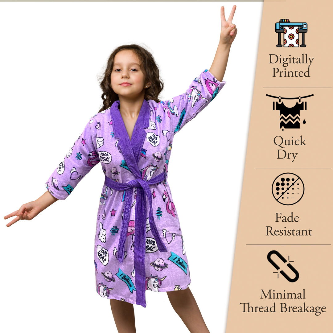 Unicorn Digitally Printed Cotton Bathrobe For Kids with 360 GSM ( Quick Drying, Fade Resistant, 100% Cotton, Kimono Collar) 