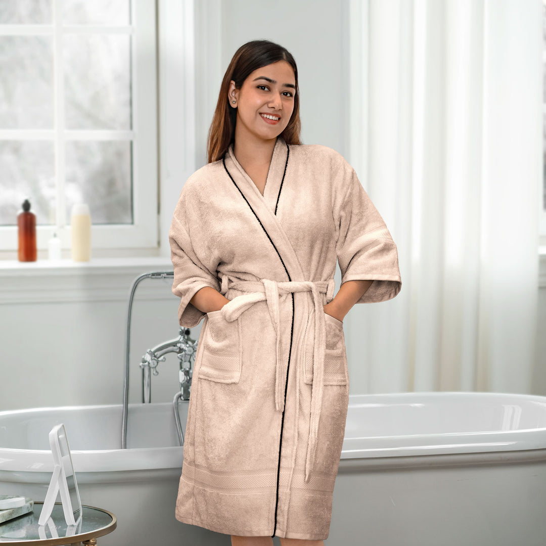 Beige  Color Ultrasoft Bamboo Bathrobe with 525 GSM ( Anti bacterial, Eco friendly, Highly absorbent, UV Protection, Odour Free, Kimono Style, Pockets)