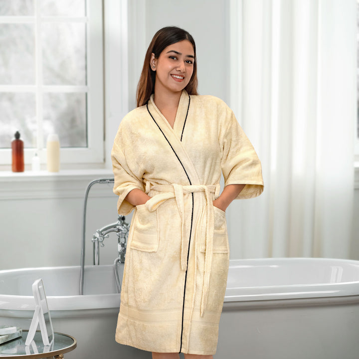 Cream  Color Ultrasoft Bamboo Bathrobe with 525 GSM ( Anti bacterial, Eco friendly, Highly absorbent, UV Protection, Odour Free, Kimono Style, Pockets)