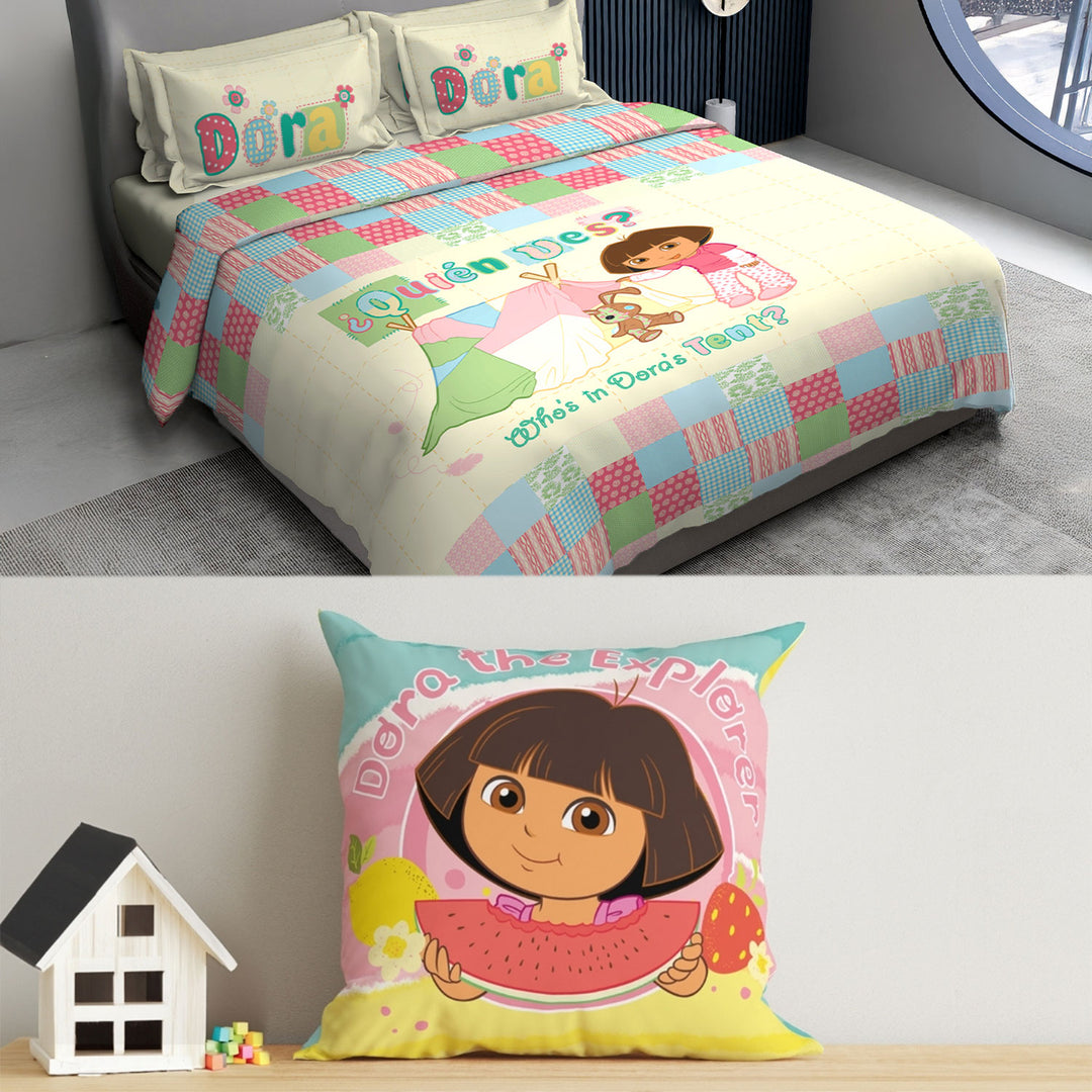 Dora Kids Double Bedsheet & Cushion Combo