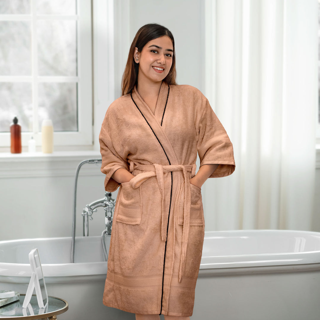 Beige  Color Ultrasoft Bamboo Bathrobe with 525 GSM ( Anti bacterial, Eco friendly, Highly absorbent, UV Protection, Odour Free, Kimono Style, Pockets)