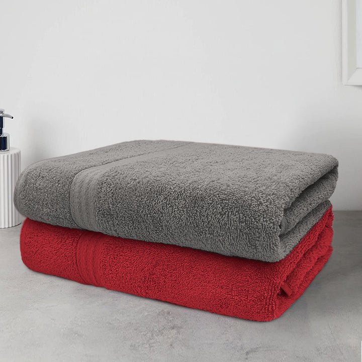 Grey And Red Color 100% Cotton Bath Towel Set with 500 GSM ( Highly Absorbent, Durable, Quick drying)