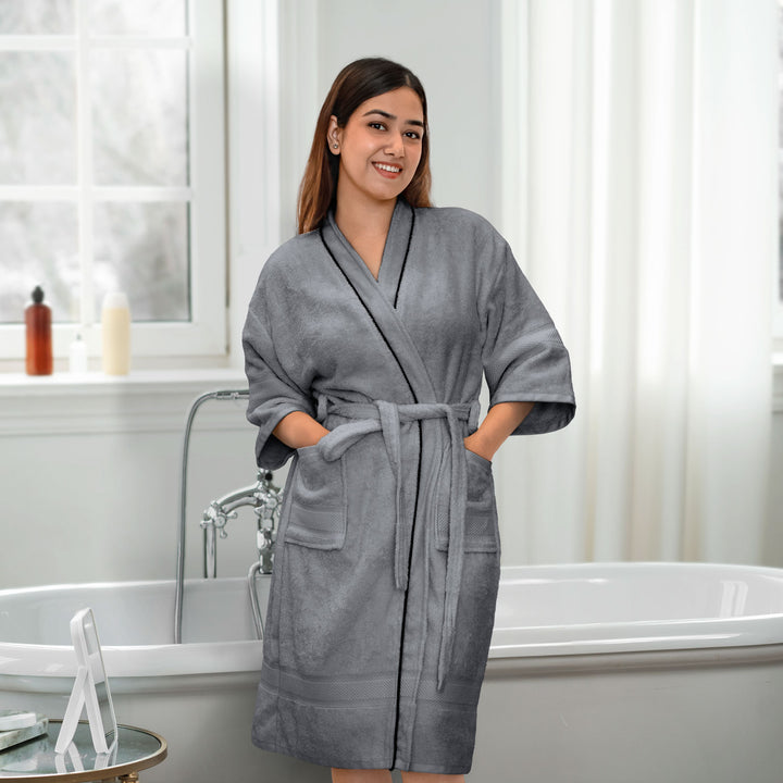 Grey  Color Ultrasoft Bamboo Bathrobe with 525 GSM ( Anti bacterial, Eco friendly, Highly absorbent, UV Protection, Odour Free, Kimono Style, Pockets)