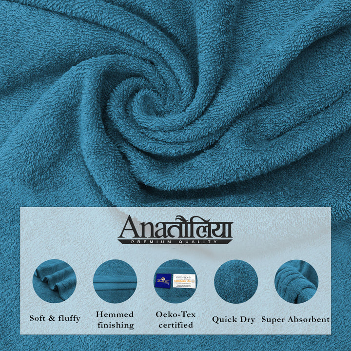 Blue towel with AnaNitiya branding and product features on a blue background