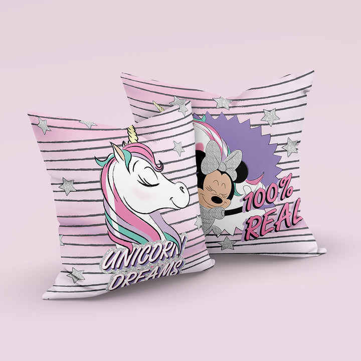 Disney Minnie & Unicorn Print Reversible Cushion By Sassoon Fab. It is Soft & fluffy, fade-resistant, High-density fill, Hypoallergenic, Reversible, etc. Size 40 cm x 40 cm 