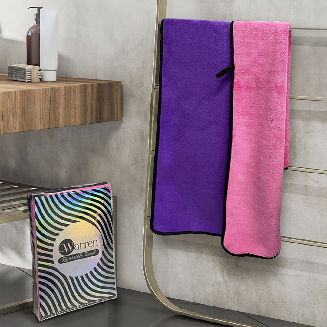 Pink & Purple Color Reversible Microfiber towel with 650 GSM (100% Microfiber, Dual-sided towels, Super Absorbent, 650 GSM, Durable and long-lasting, Anti Shrink, Quick drying, High-end reversible, Fade and Lint resistance )