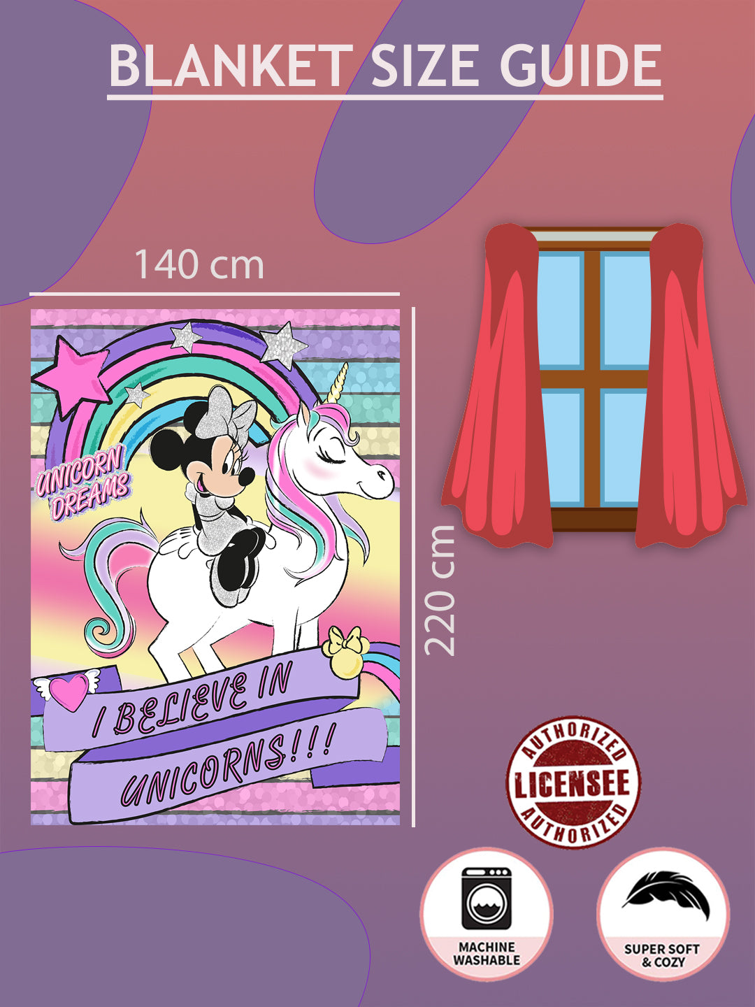 Minnie Mouse and Unicorn Printed Single Bed Blanket ( 100% polyester fabric, ultrasoft, warm and comfortable, Size : 140 cm x 220 cm) 