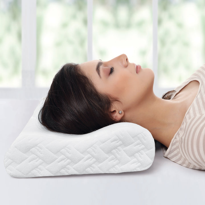 Memory Foam Contour Pillow ( wrinkle resistant, hypoallergic, breathable, ergonomic design) supports head, neck and back. relieves cervical pain. 