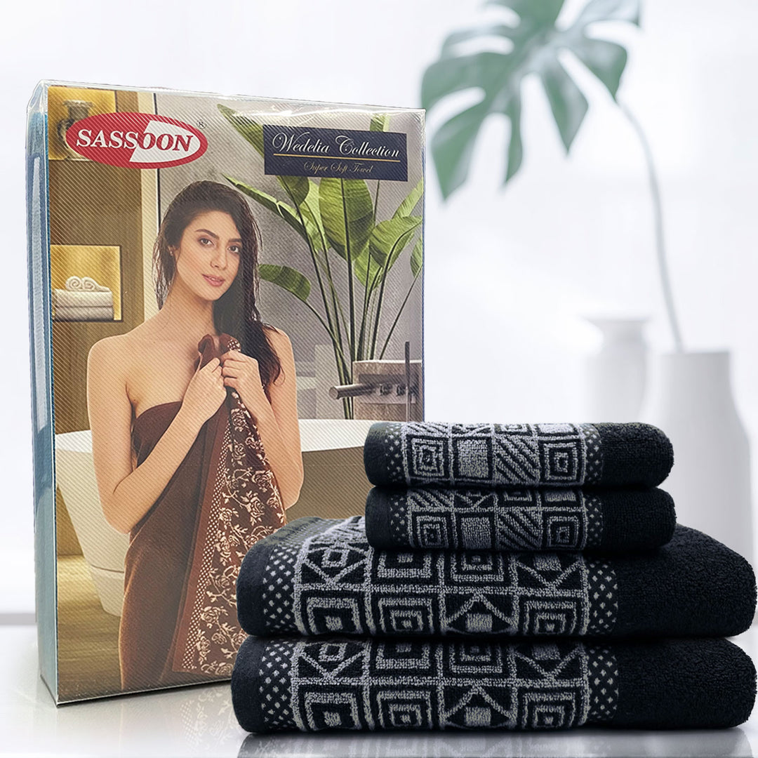 Black Color Zero Twist Cotton Towel 4 Pcs Gift Set-380 GSM ( Luxury Towel, Highly Absorbent Towel, Color Fade resistant towel)