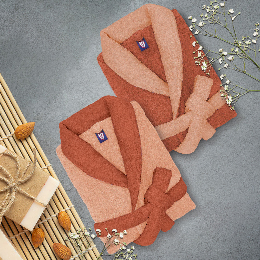 Rust & Peach Color Luxury Couple Bathrobe, Ultrasoft Terry Cotton Bathrobe with 500 GSM ( Highly absorbent, Kimono Style, Pockets, Soft & Fluffy, Quick Dry, Hemmed Finishing)