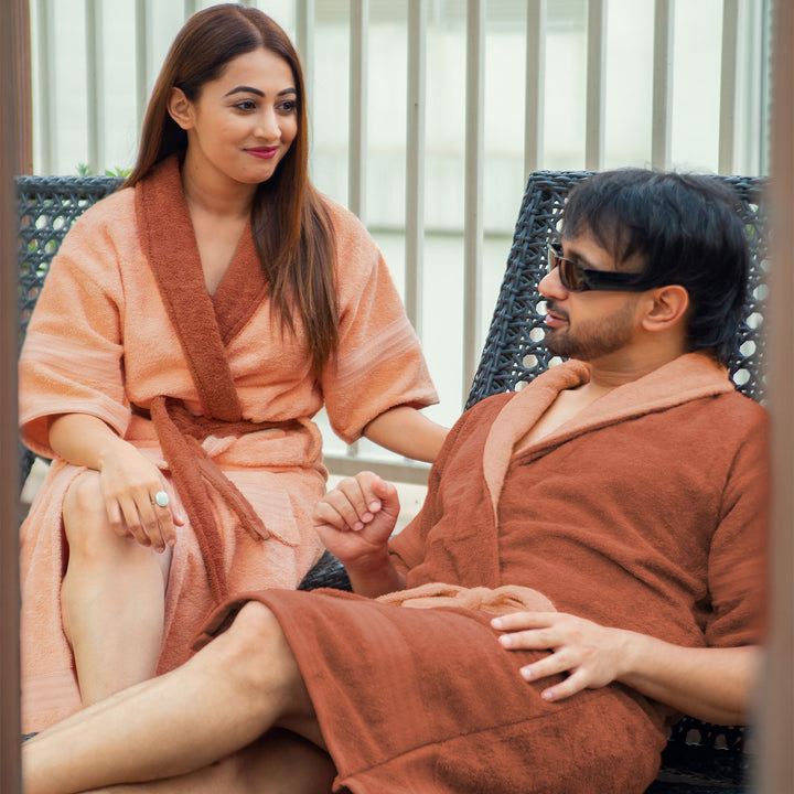 Rust & Peach Color Luxury Couple Bathrobe, Ultrasoft Terry Cotton Bathrobe with 500 GSM ( Highly absorbent, Kimono Style, Pockets, Soft & Fluffy, Quick Dry, Hemmed Finishing)