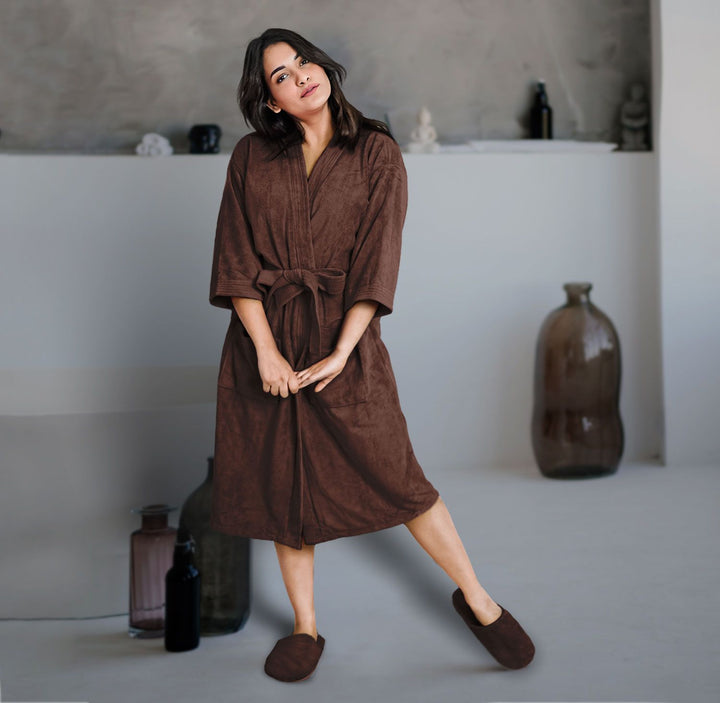 Brown Color Kimono Style Ultra Soft Microfiber Bathrobe with slippers 